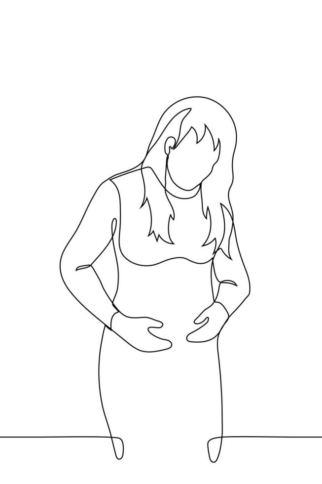 mulher com grandes cabelo toques dela barriga com ambos mãos - 1 linha desenhando vetor. gravidez conceito, emagrecimento processo e barriga redução, menstrual dor vetor