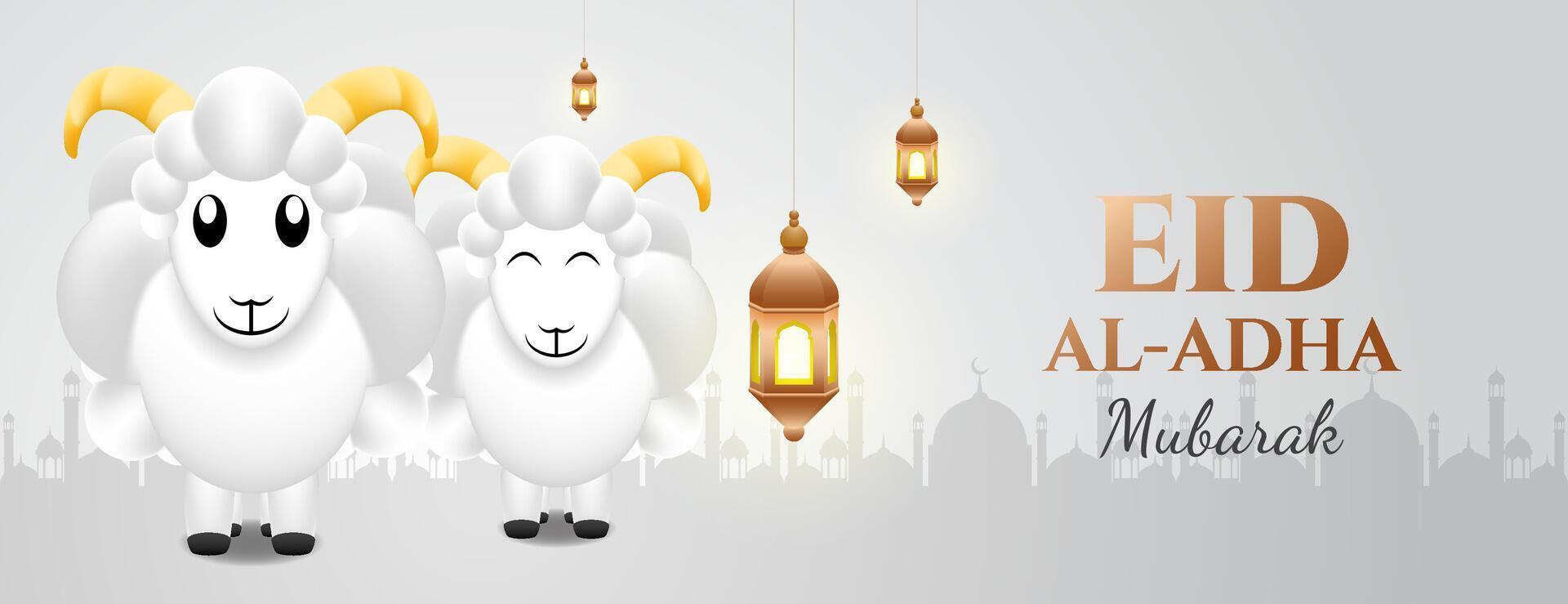 eid al-adha Mubarak bandeira fundo com 3d ovelha e lanterna. vetor ilustração