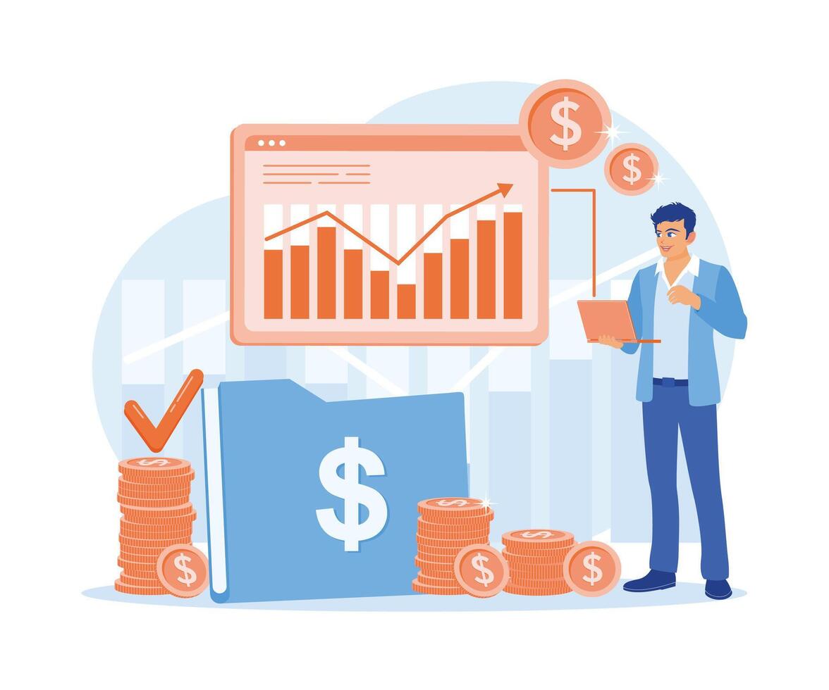 homem de negocios analisando estoque negociação gráficos. investindo dinheiro dentro a estoque mercado. investimento conceito. plano vetor ilustração.