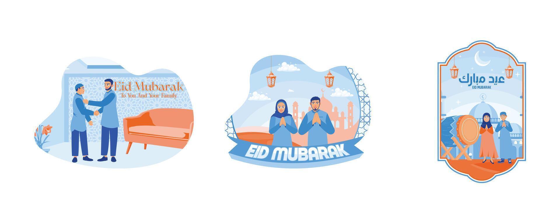 mexe mãos e perdoar cada outro. uma muçulmano casal é dizendo eid al-fitr saudações. muçulmano crianças bem-vinda eid al-fitr. feliz eid Mubarak conceito. conjunto plano vetor ilustração.