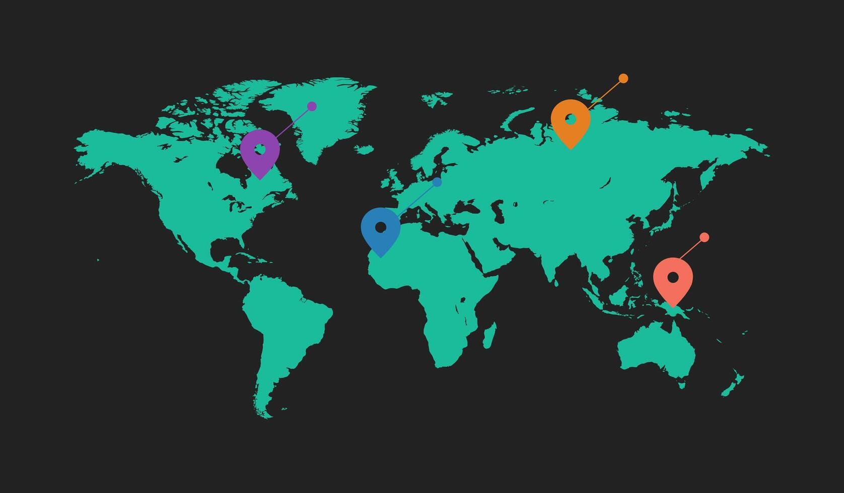 mundo mapa com mapa alfinetes, vetor ilustração, plano Projeto em Preto fundo.