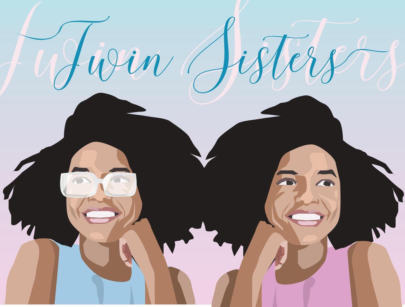 vetor dois lindo gêmeo mulheres com Preto Castanho pele negro afro americano vestindo óculos com encaracolado crespo cabelo vestindo azul e Rosa roupas fundo beleza céu crepúsculo