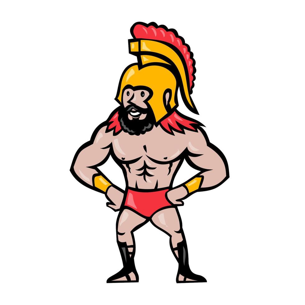 espartano Guerreiro vermelho cabelo e barba com braços akimbo desenho animado vetor