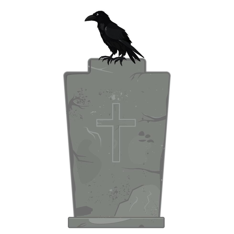 vetor ilustração do uma lápide com uma sentado Raven dentro uma cemitério dentro uma desenho animado estilo. sepultura cruzes e monumentos