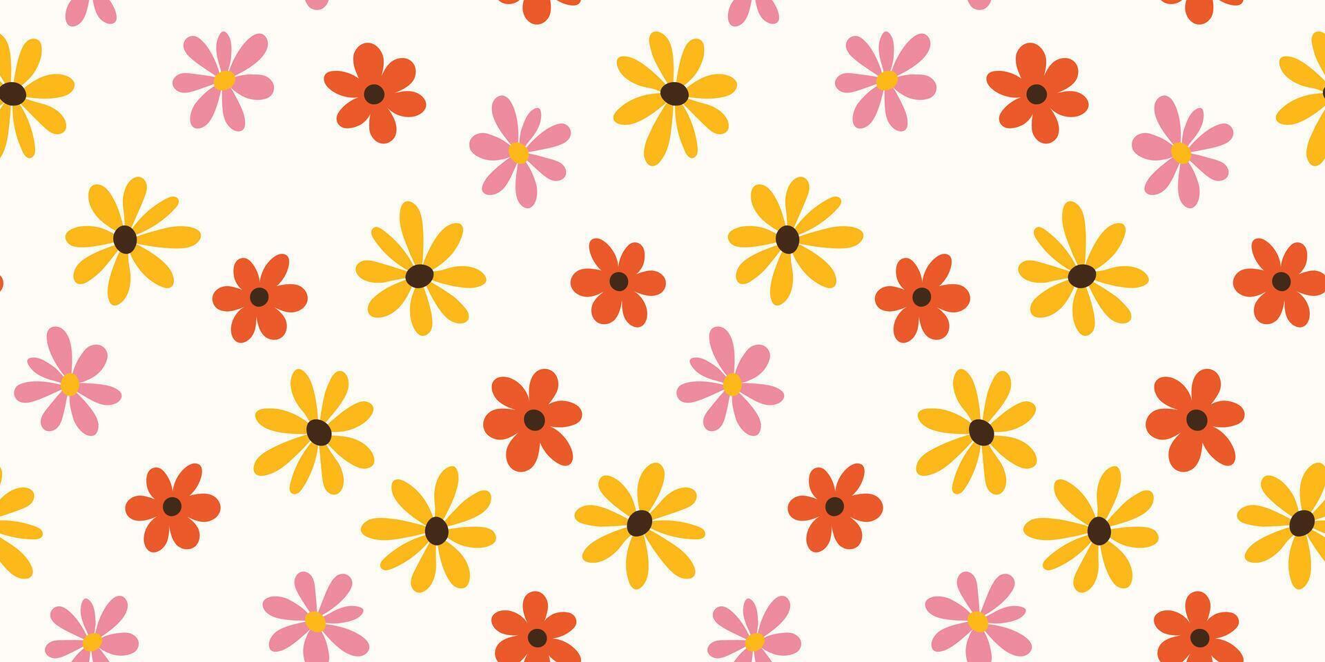 desatado padronizar com mão desenhado amarelo, rosa, laranja simples flores em branco fundo. para têxtil, papel de parede, embrulho. vetor