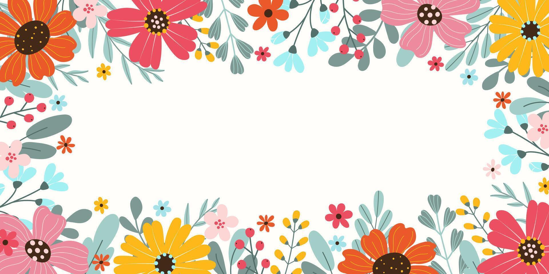Primavera ou verão retangular festivo ilustração em branco fundo com Lugar, colocar para texto dentro plano estilo. mão desenhado grande colorida flores, ervas. vetor cobrir Projeto modelo.