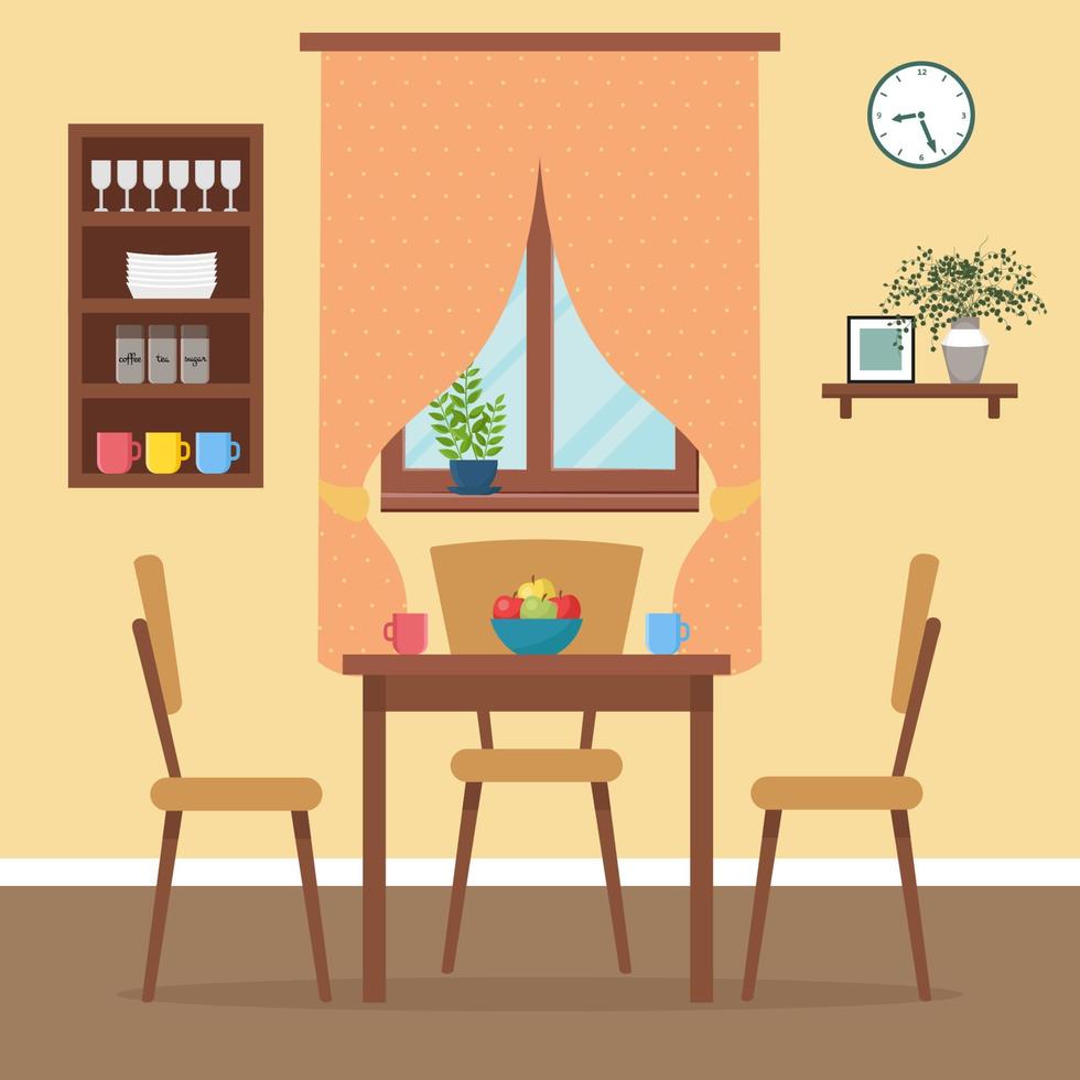 mesa de jantar na cozinha com cadeiras, xícaras e frutas. janela com cortina. ilustração vetorial fofa em estilo simples vetor