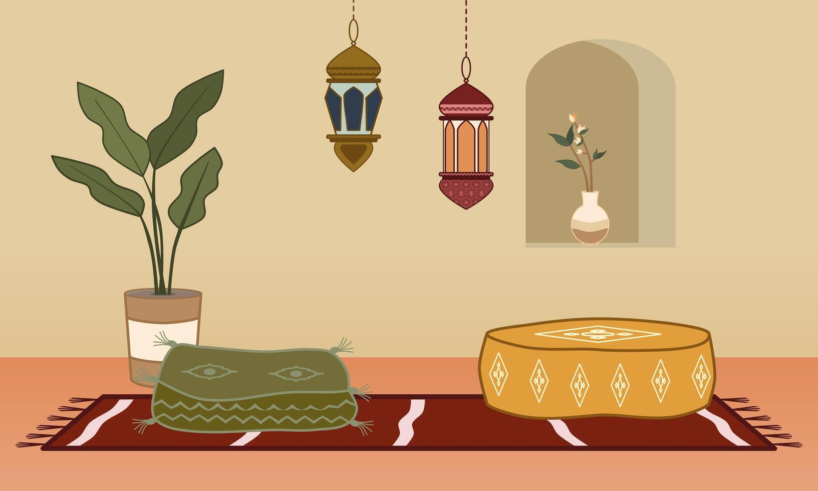marroquino, árabe, ou indiano interior Projeto com almofadas e lanterna lâmpada. vetor ilustração.