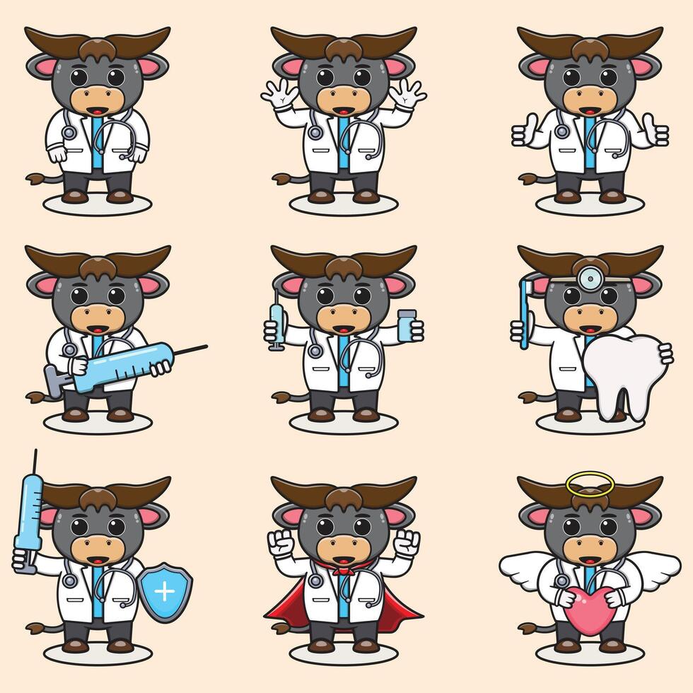 vetor ilustração do fofa búfalo desenho animado com médico fantasia. conjunto do fofa búfalo personagens. coleção do engraçado pequeno búfalo.