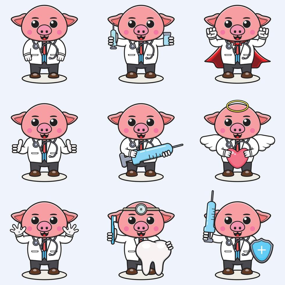 vetor ilustração do fofa porco desenho animado com médico fantasia. conjunto do fofa porco personagens. coleção do engraçado pequeno porco.