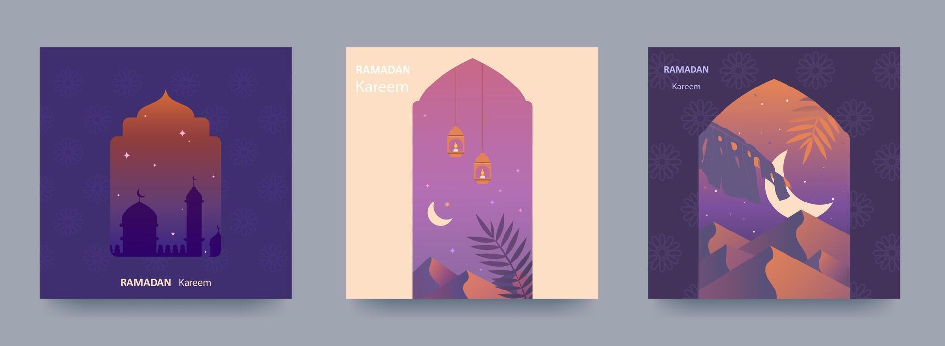 Ramadã kareem conjunto do cartazes, feriado capas, panfletos. moderno Projeto dentro pastel cores com mesquita, crescente lua, duna areias, arqueado janelas. vetor ilustração