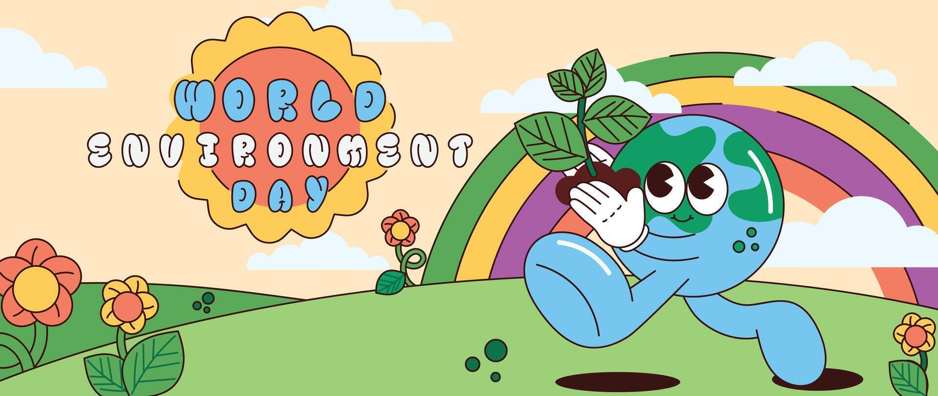 mundo meio Ambiente dia conceito fundo vetor. Salve  a terra, globo, plantar, árvore, flor groovy estilo. eco amigáveis ilustração Projeto para rede, bandeira, campanha, social meios de comunicação publicar. vetor