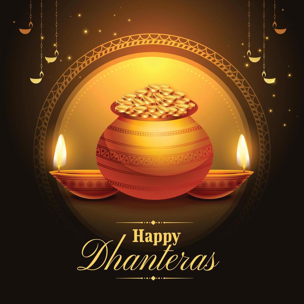 feliz dhanteras festival poster com brilhante diya e dourado moeda Panela vetor