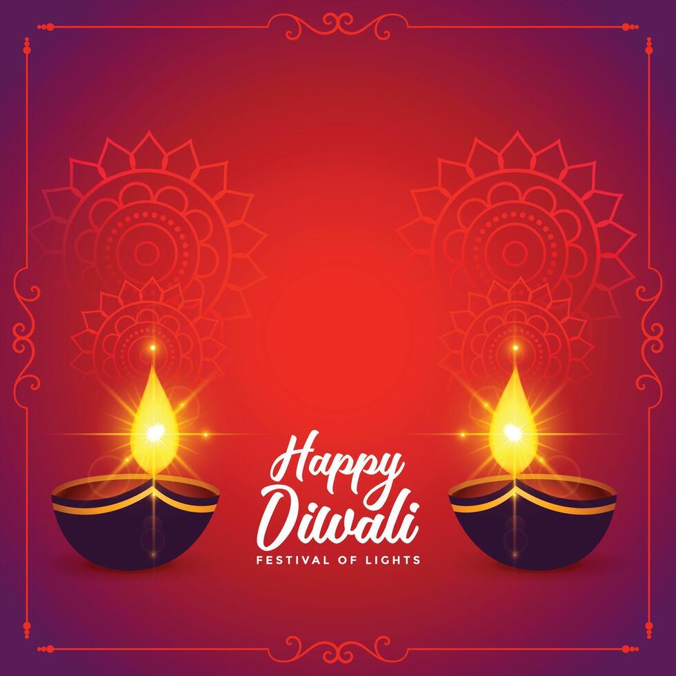 feliz diwali festival desejos cartão com brilhante diya vetor