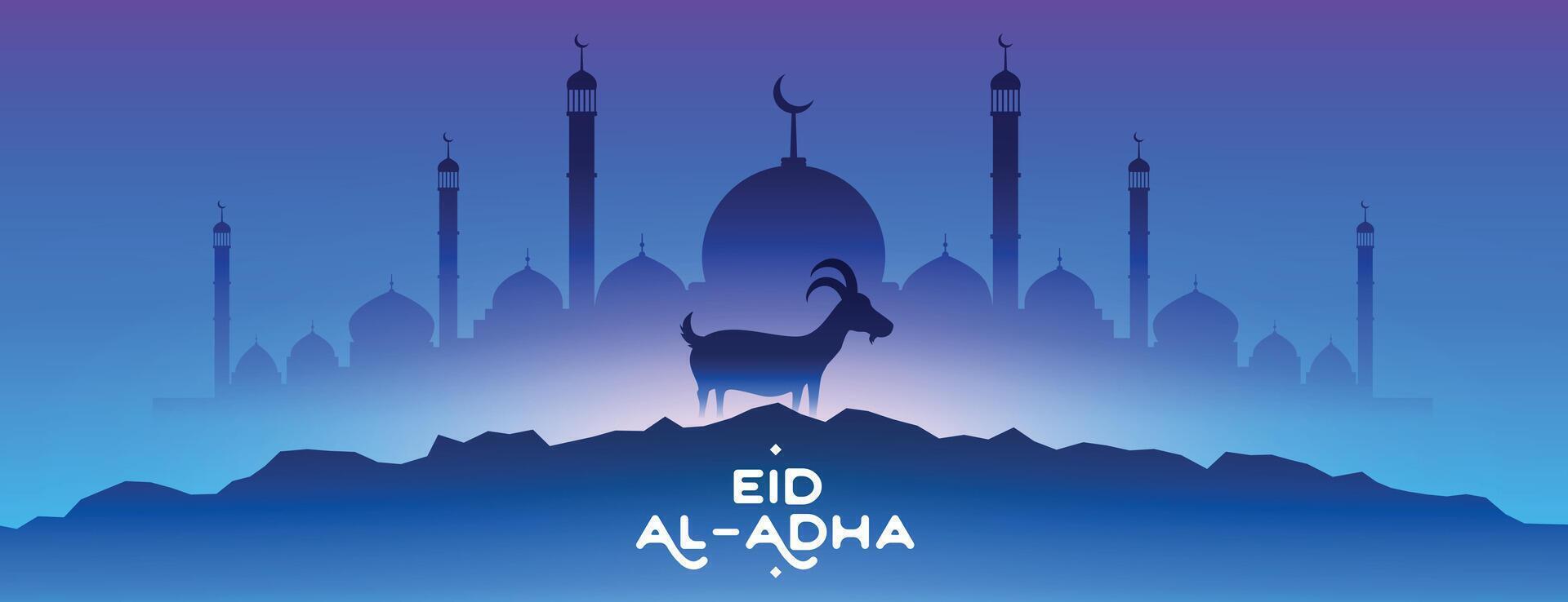 eid al adha Mubarak com mesquita e bode azul fundo vetor