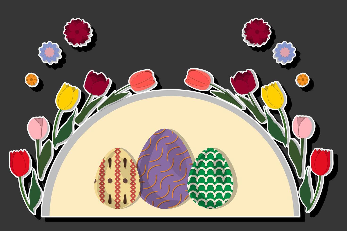 ilustração em tema celebração feriado Páscoa com caçar colorida brilhante ovos, bandeira consistindo do caçar diferente Páscoa ovos, lindo Páscoa ovos estão a Principal acessório às abstrato fundo vetor