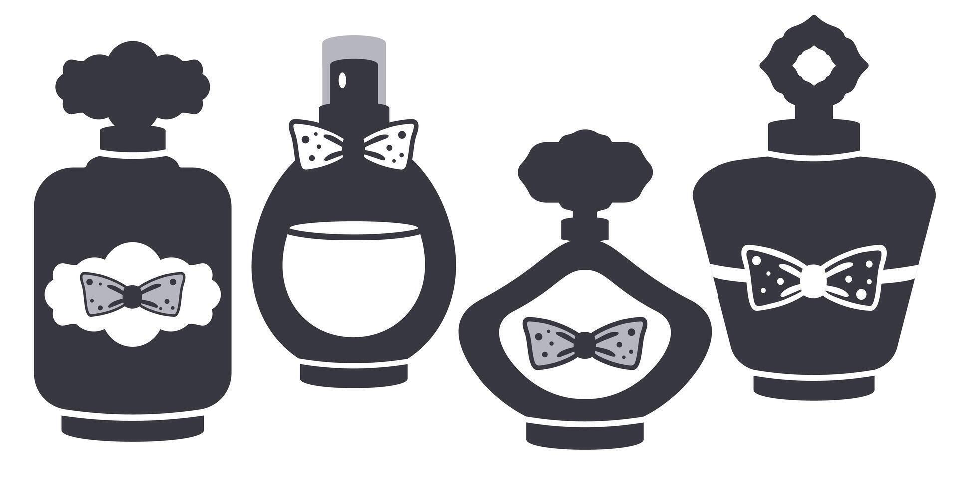 perfume garrafas definir. aroma essência dentro diferente vidro pacotes. perfume silhueta isolado. elegante forma, rótulo, fita. mão desenhado na moda Projeto para logotipo, Cosmético indústria. vetor