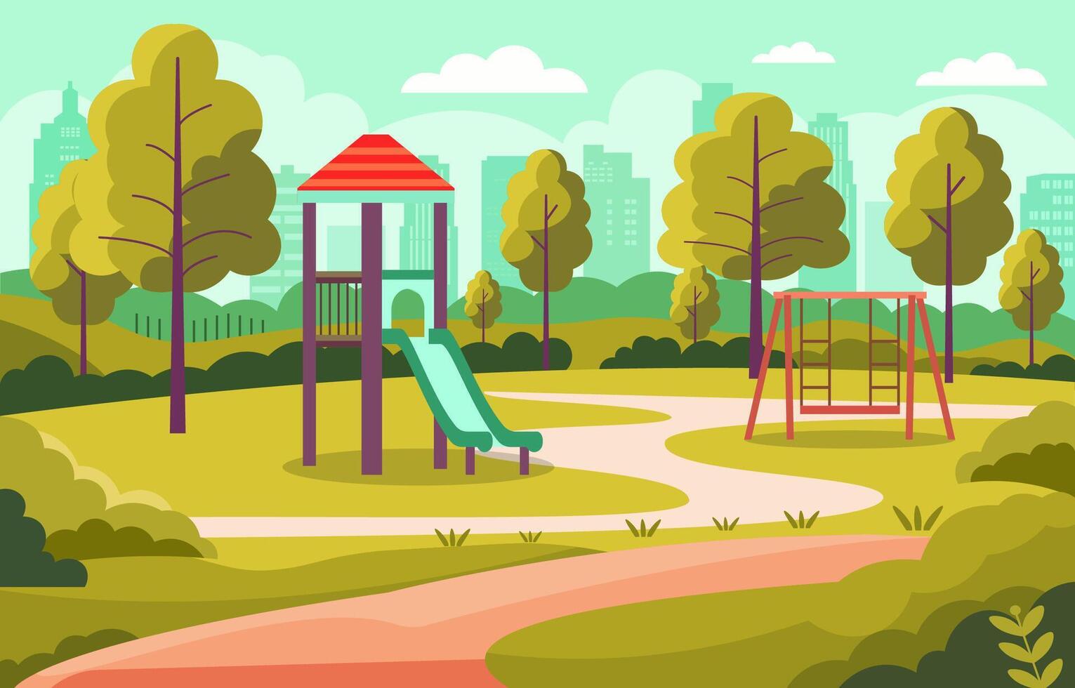 plano Projeto ilustração do deslizar e balanço dentro Parque infantil com paisagem urbana fundo vetor