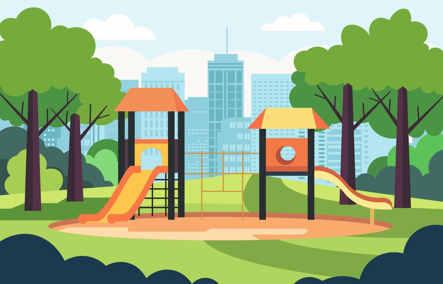 vetor Projeto do deslizar dentro Parque infantil com cidade construção dentro brilhante dia