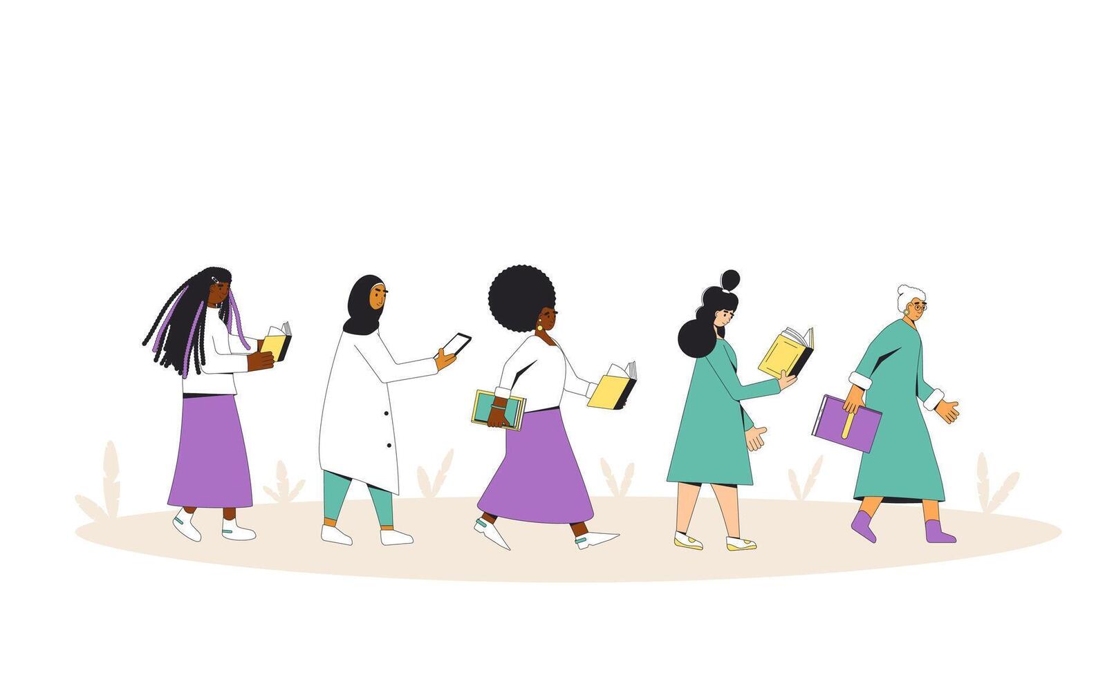 mulheres caminhando com livros. fêmea literatura fãs. diferente idades e multiétnico livros amante. vetor