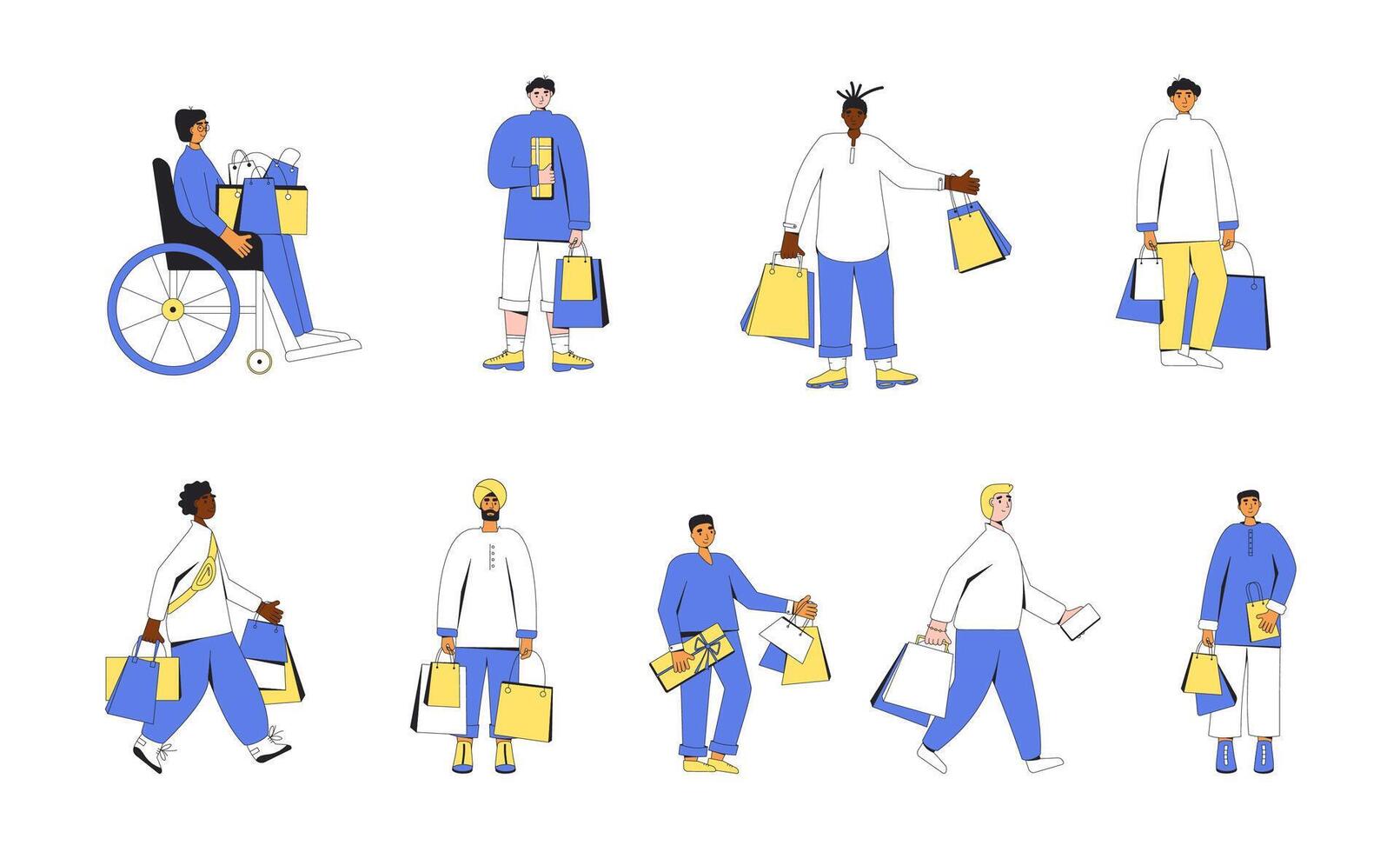 homens com compras bolsas. masculino personagens em pé e segurando seus compras. vetor