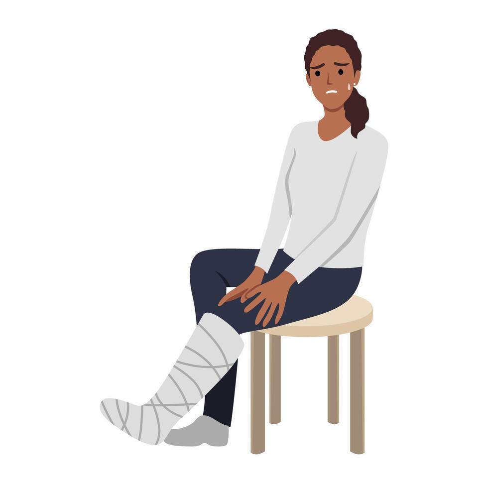 mulher quebrado perna e muleta semi plano cor vetor personagem. sentado figura. cheio corpo pessoa em branco. prejuízo recuperação