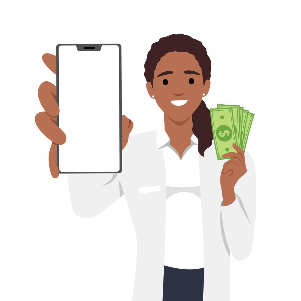jovem médico ou enfermeira segurando e mostrando em branco telefone tela e segurando dinheiro. digital Forma de pagamento vetor