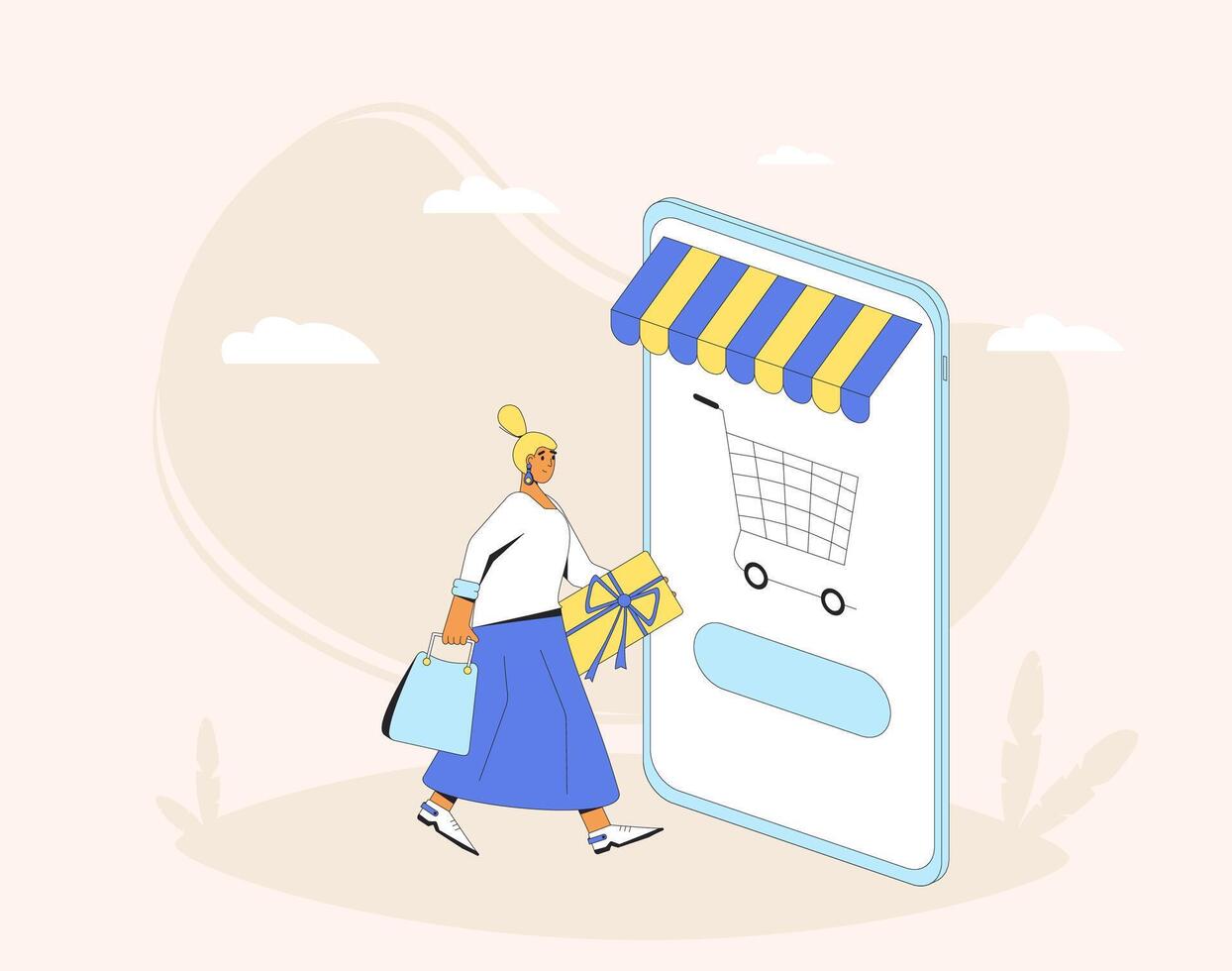 conectados compras. mulher com enorme Smartphone e compras bolsas. vetor