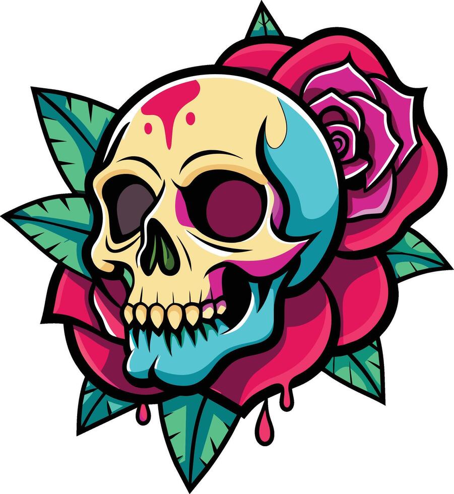 crânio com rosa flor. vetor ilustração do uma crânio tatuagem.