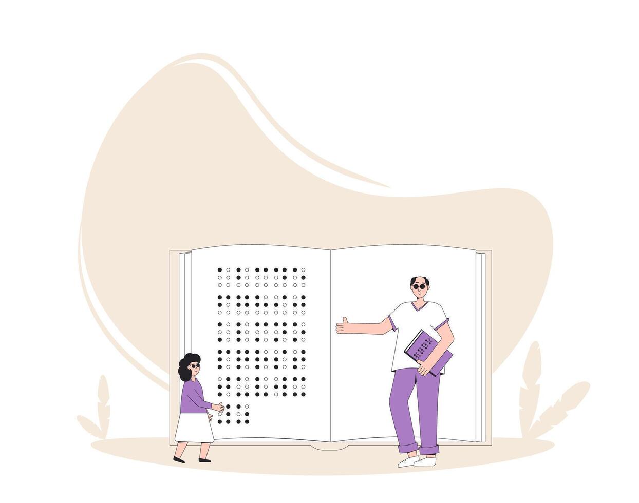 braille alfabetização. cego jovem homem e menina com enorme livro. vetor ilustração.