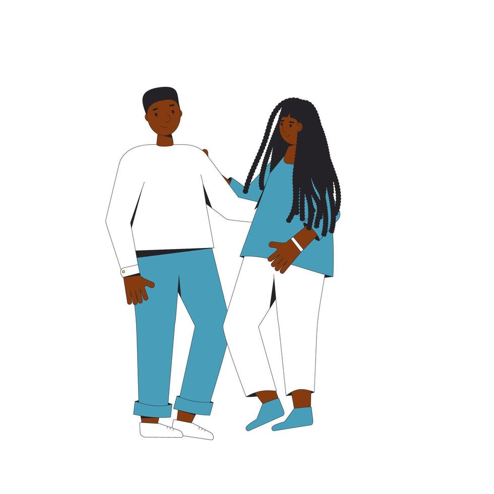 dois africano americano adolescentes em pé junto. jovem masculino e fêmea amigos vestindo dentro casual roupas. par em pé e abraçando cada outro. linha vetorial ilustração. vetor