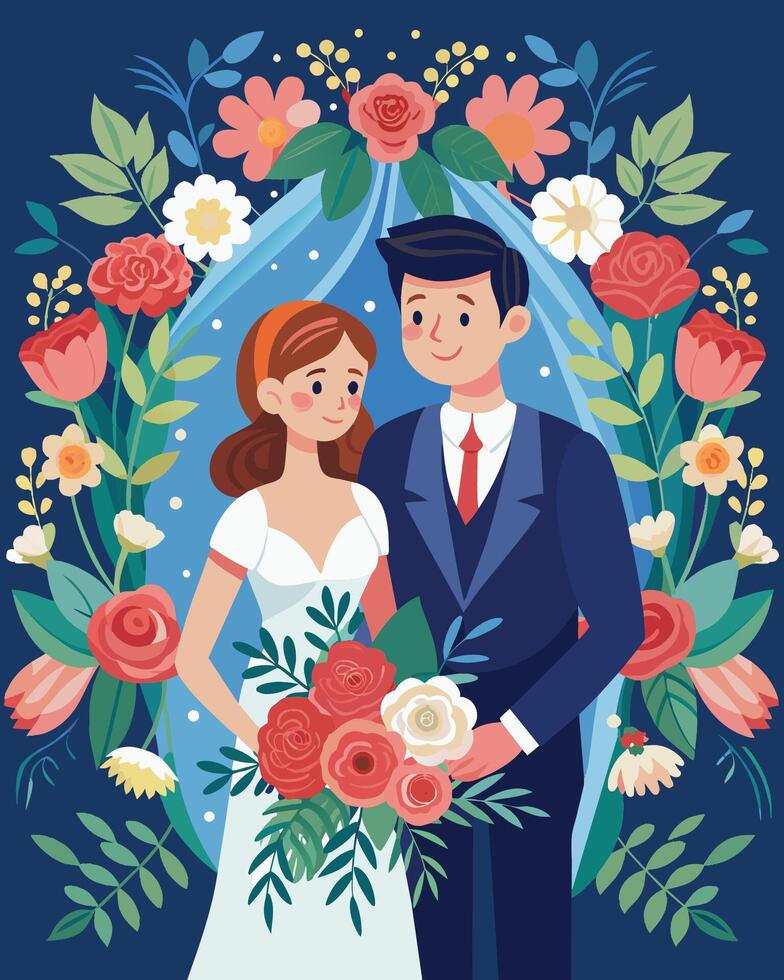 Casamento casal com ramalhete do flores vetor ilustração.