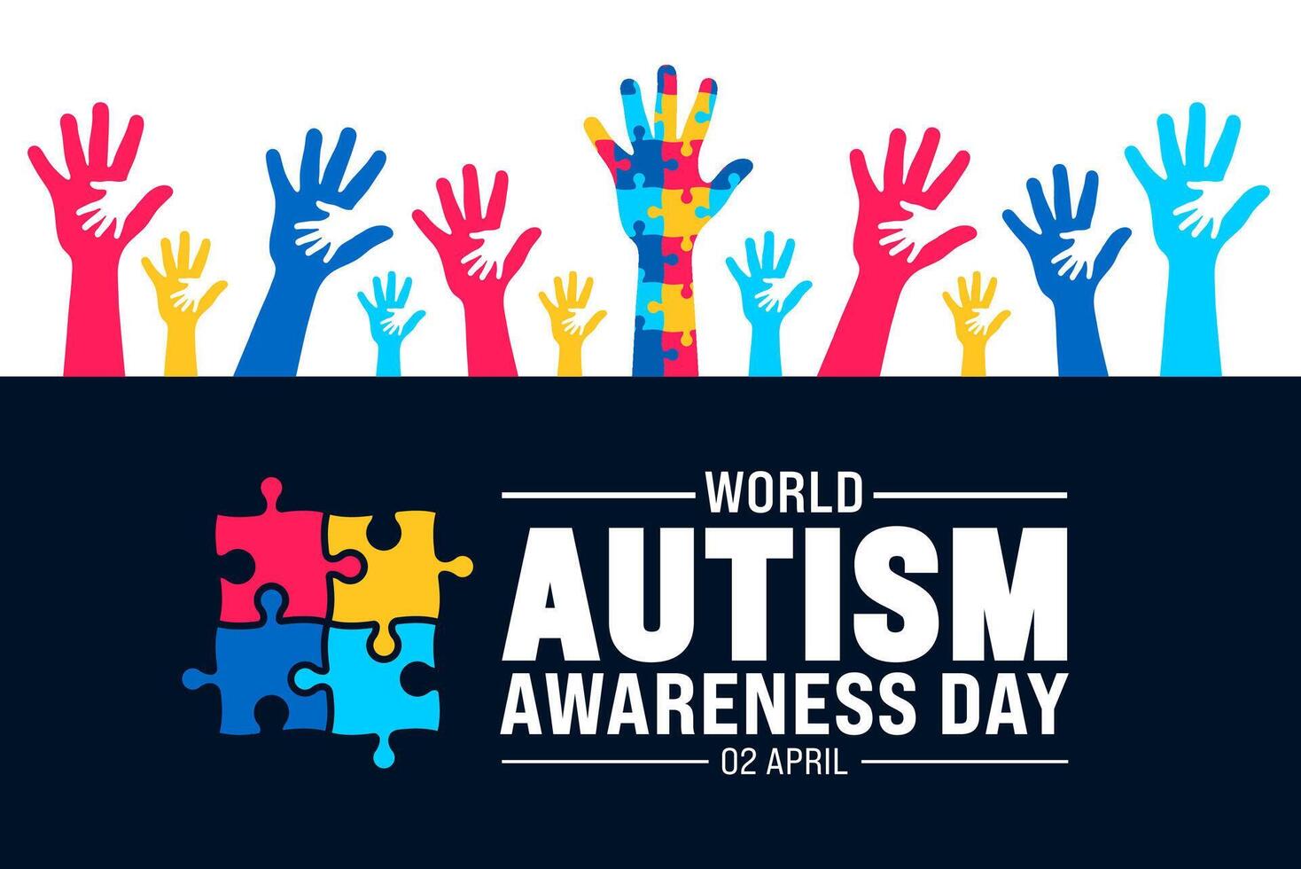 2 abril mundo autismo consciência dia colorida enigma bandeira Projeto modelo. autismo consciência dia colorida crianças levantando mão fundo Projeto modelo. vetor