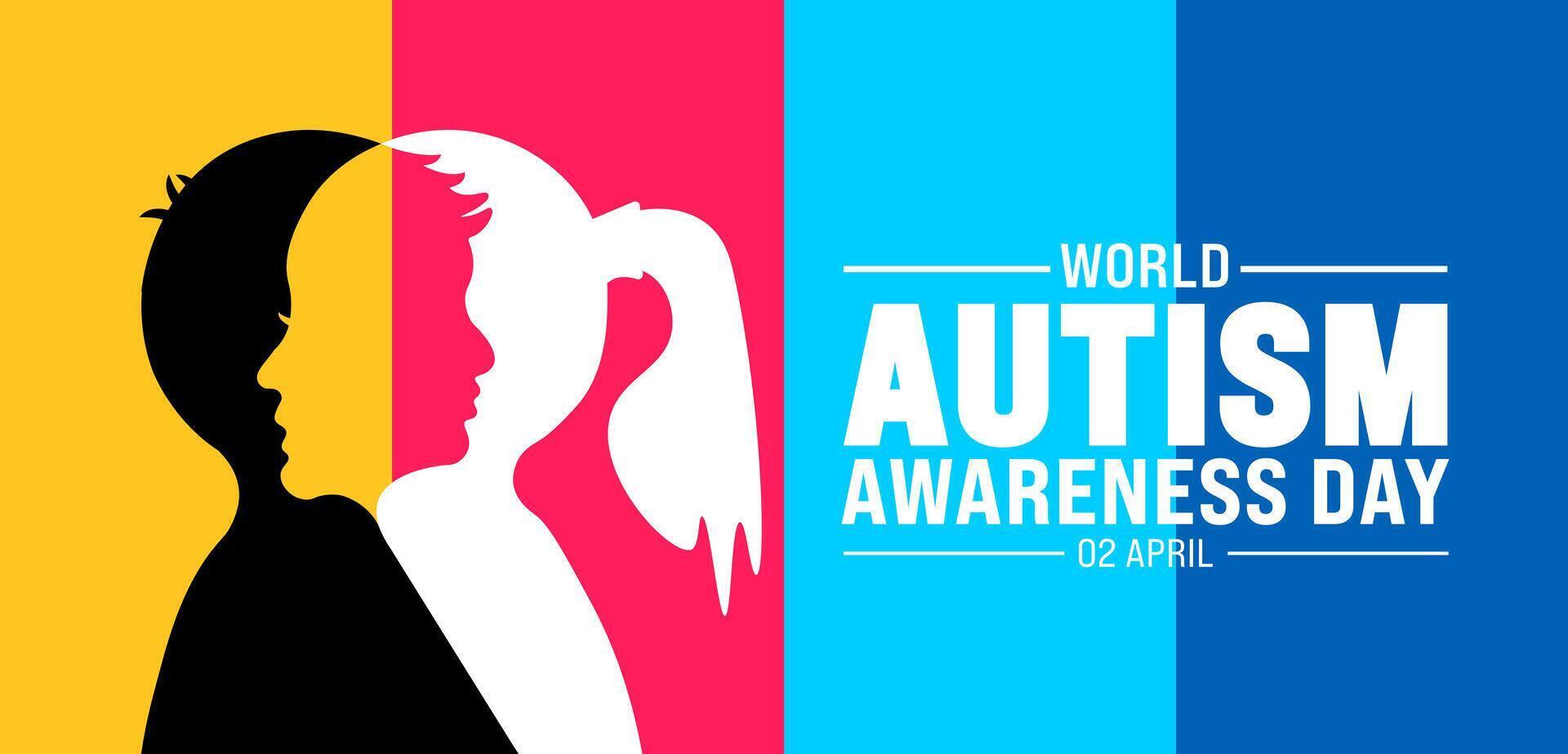 2 abril mundo autismo consciência dia Garoto e menina criança cabeça bandeira Projeto modelo. usar para fundo, bandeira, cartaz, cartão, e poster Projeto modelo com texto inscrição e padrão cor. vetor