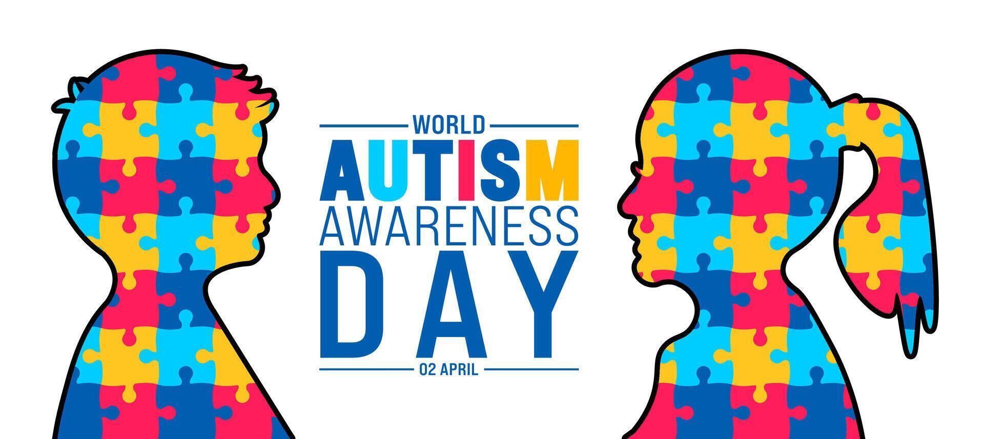 2 abril mundo autismo consciência dia Garoto e menina criança colorida enigma padronizar bandeira Projeto modelo. vetor ilustração.