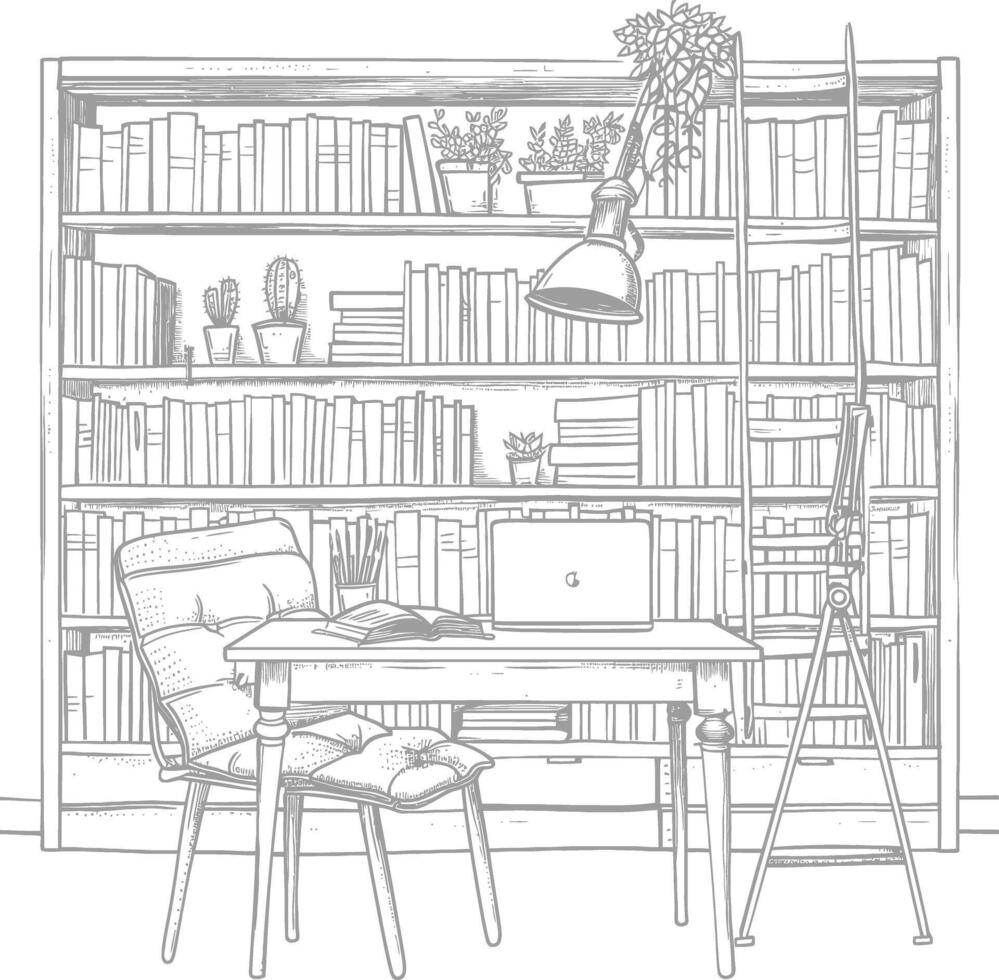 ai gerado esboço ilustração para a estude quarto tem estantes de livros e muitos livro dentro lá vetor