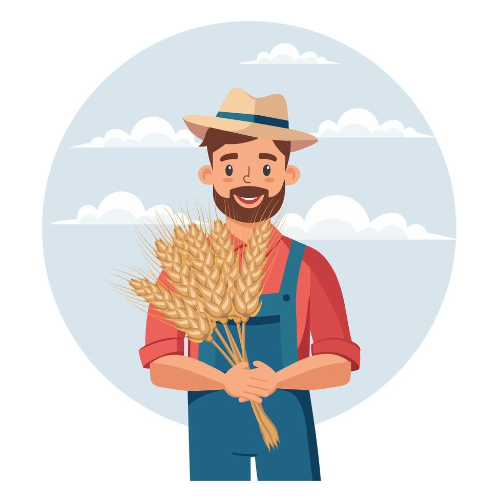 agricultura e agricultura, colheita. agricultor masculino personagem segurando recentemente colhido trigo. ilustração. vetor