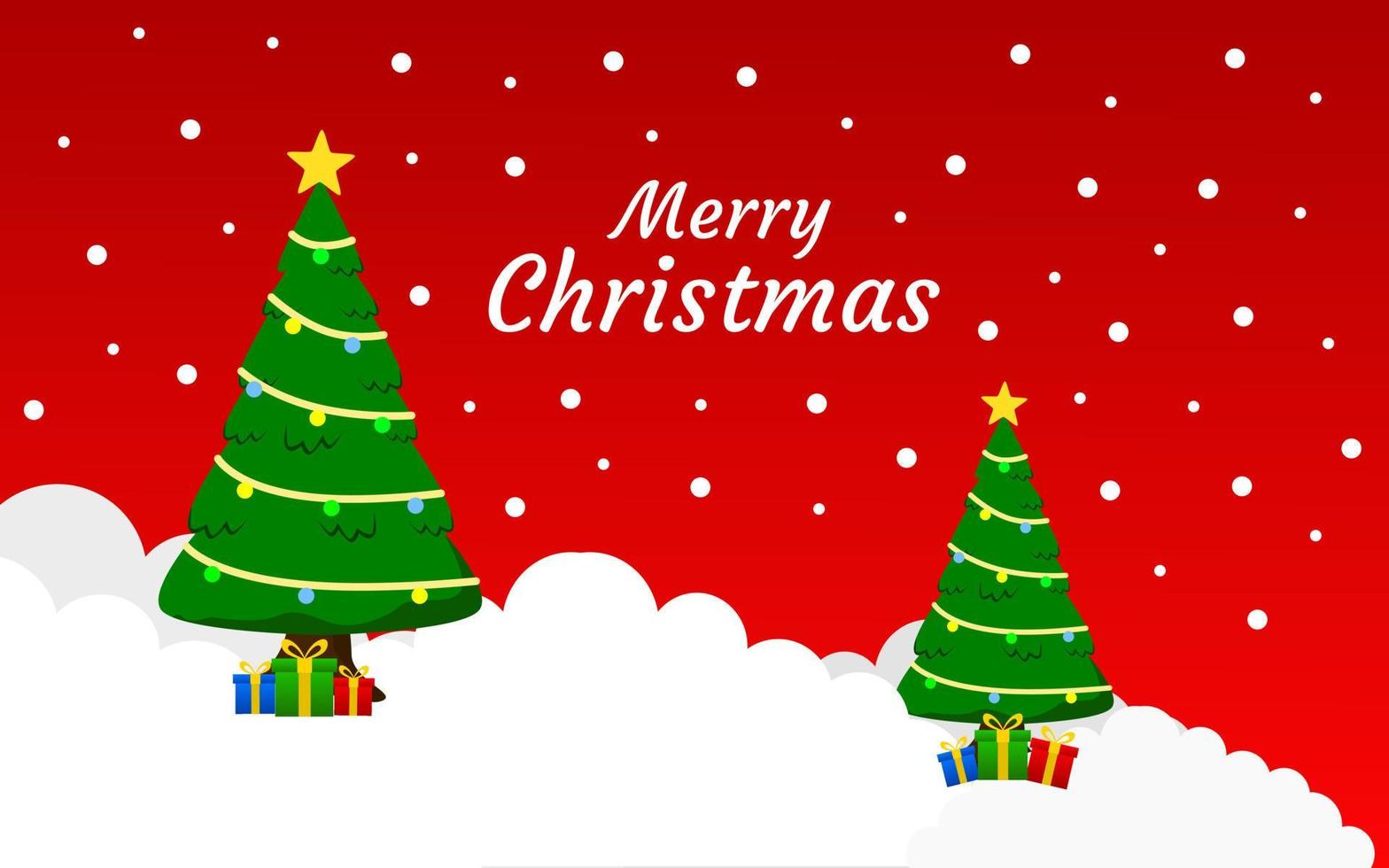 feliz Natal design de plano de fundo na cor vermelha com árvores e neve. projeto de ilustração de presente de Natal para modelo de banner e cartaz. vetor