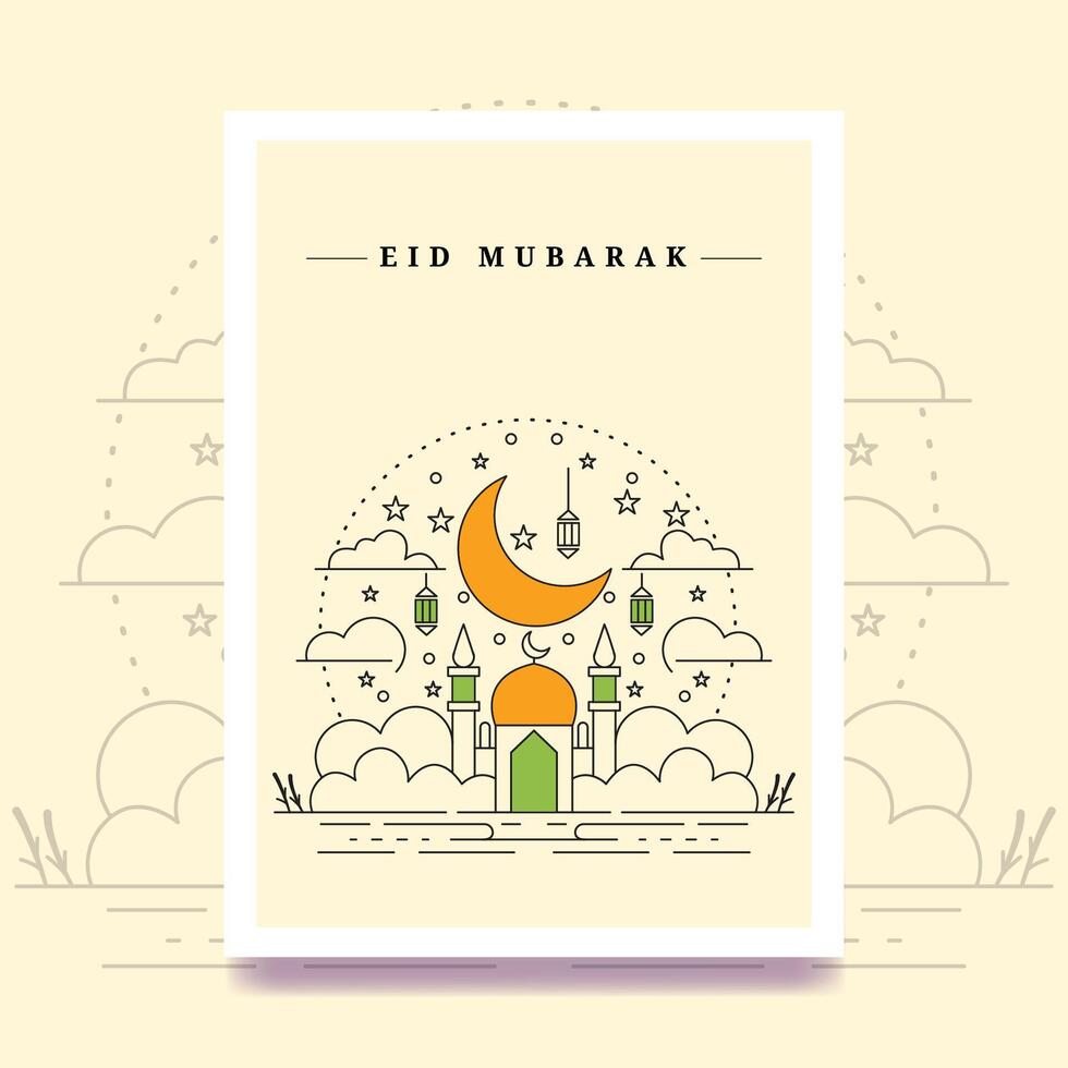 moderno eid Mubarak linha arte modelo vetor ilustração mesquita cresente lanterna cumprimento cartão fundo