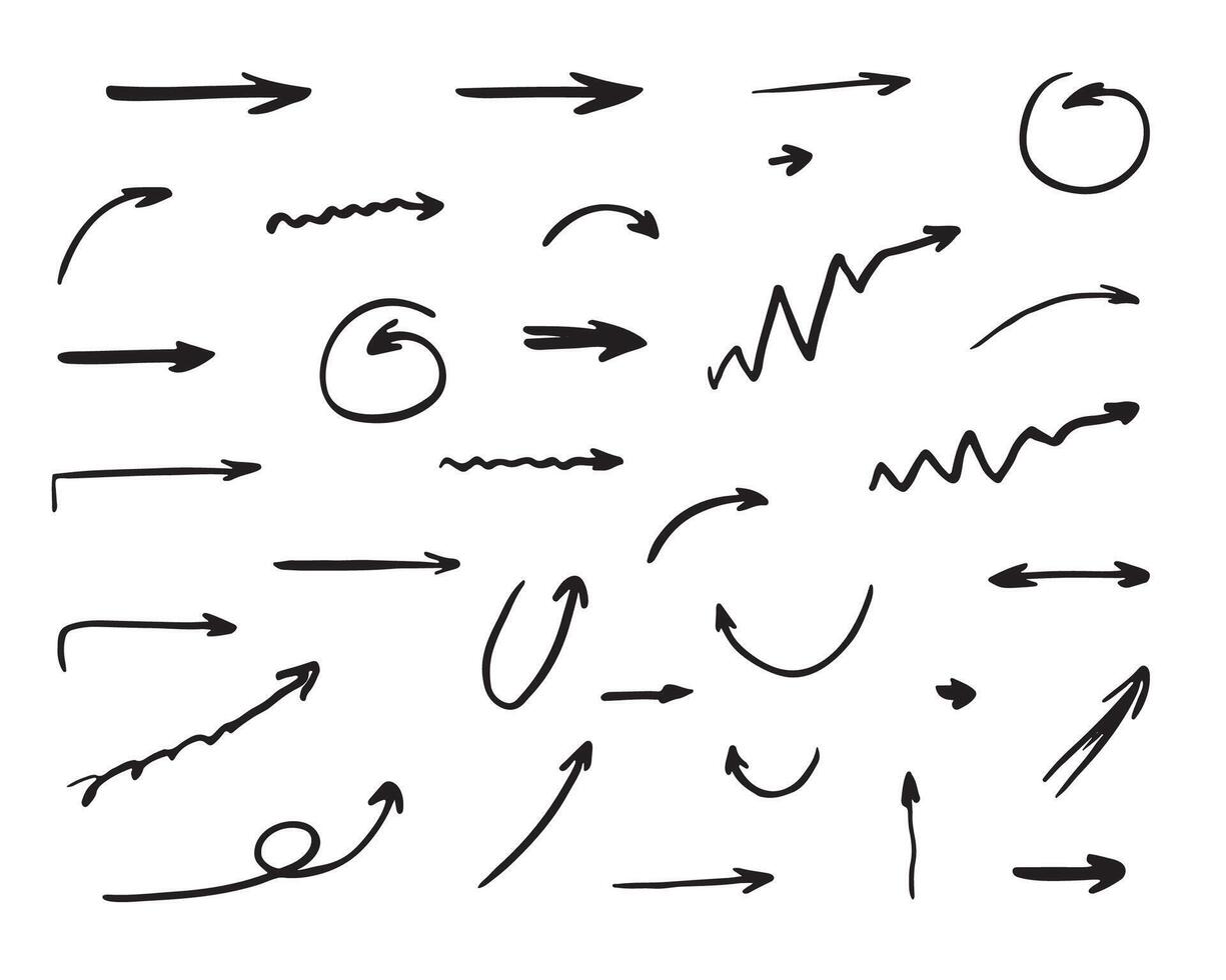 Setas; flechas definir, mão desenhado em uma branco fundo vetor