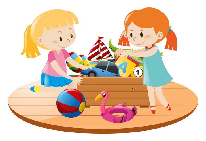 Meninas e caixa cheia de brinquedos vetor