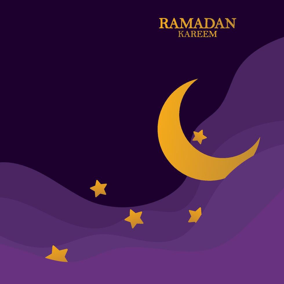 Ramadã kareem vetor fundo, 3d papel cortar ondas e estrelas em noite céu, modelo com ouro lua.