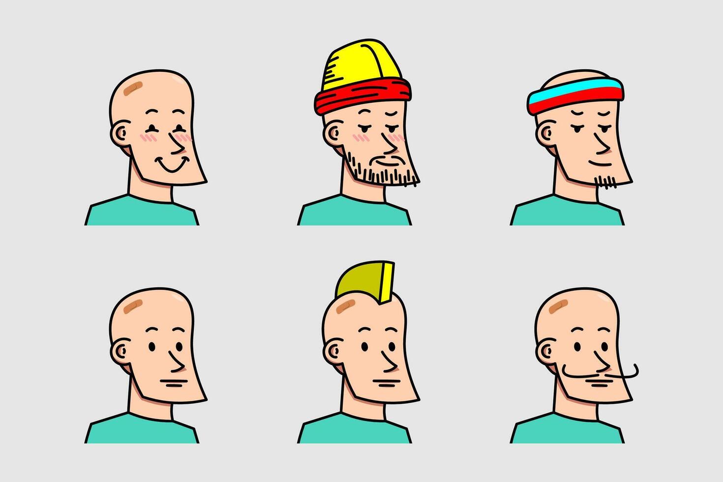 desenho animado Careca masculino cabeça facial expressão conjunto com vários roupas vetor
