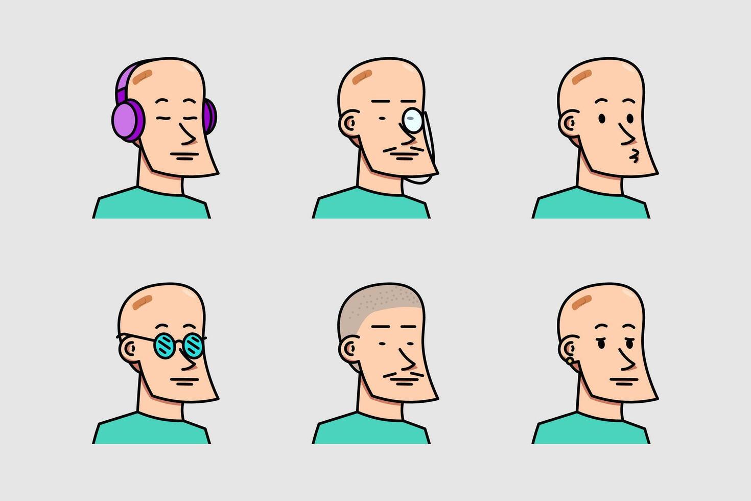 desenho animado Careca masculino cabeça facial expressão conjunto com vários roupas vetor