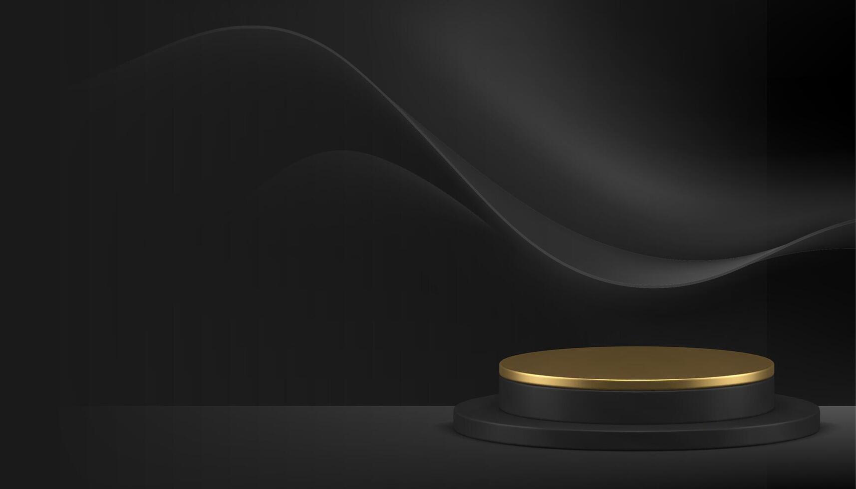 3d luxo cilindro pódio pedestal dourado ficar de pé Preto curvado onda parede fundo realista vetor