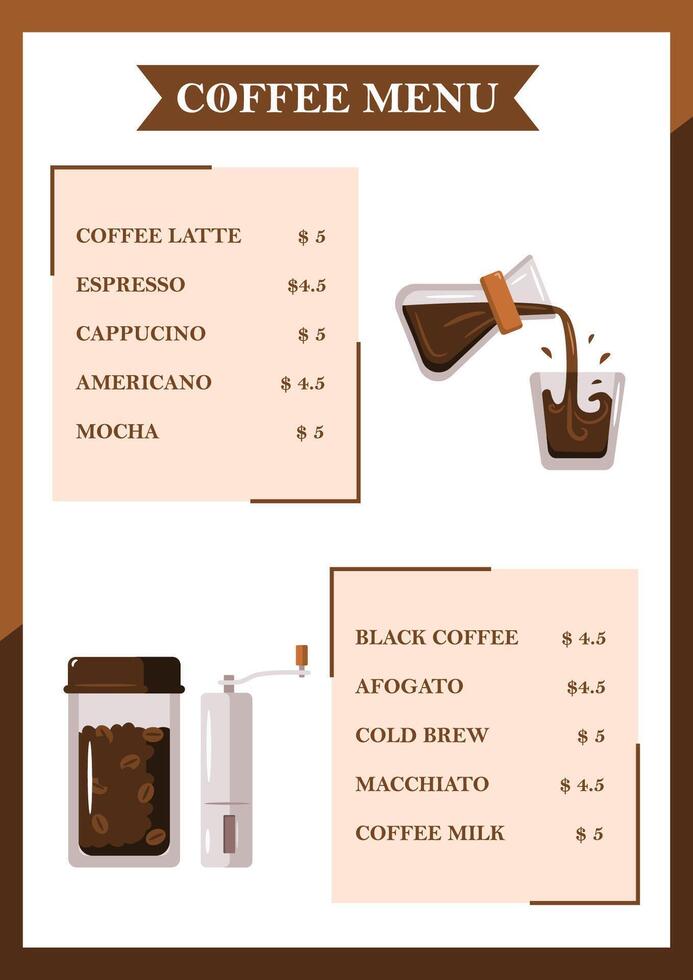 café cardápio com café feijões e café moedor vetor