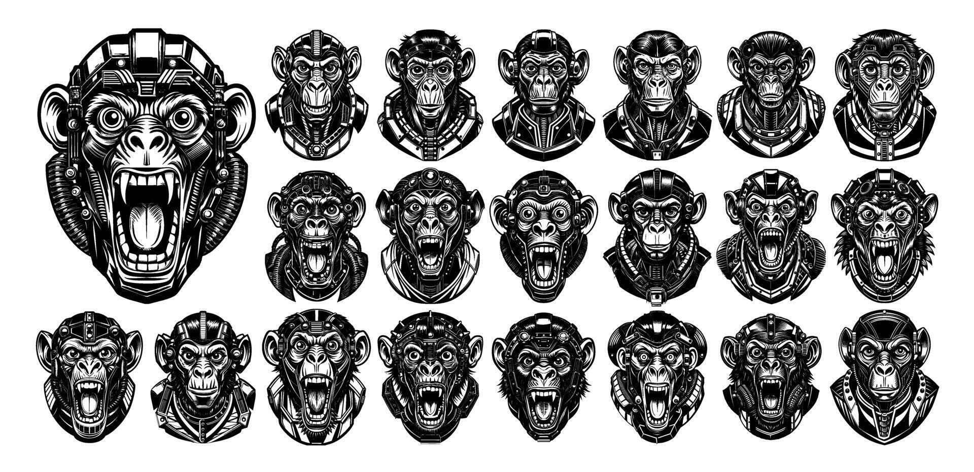 ai gerado macaco cyborg cabeça ilustração Projeto agrupar vetor