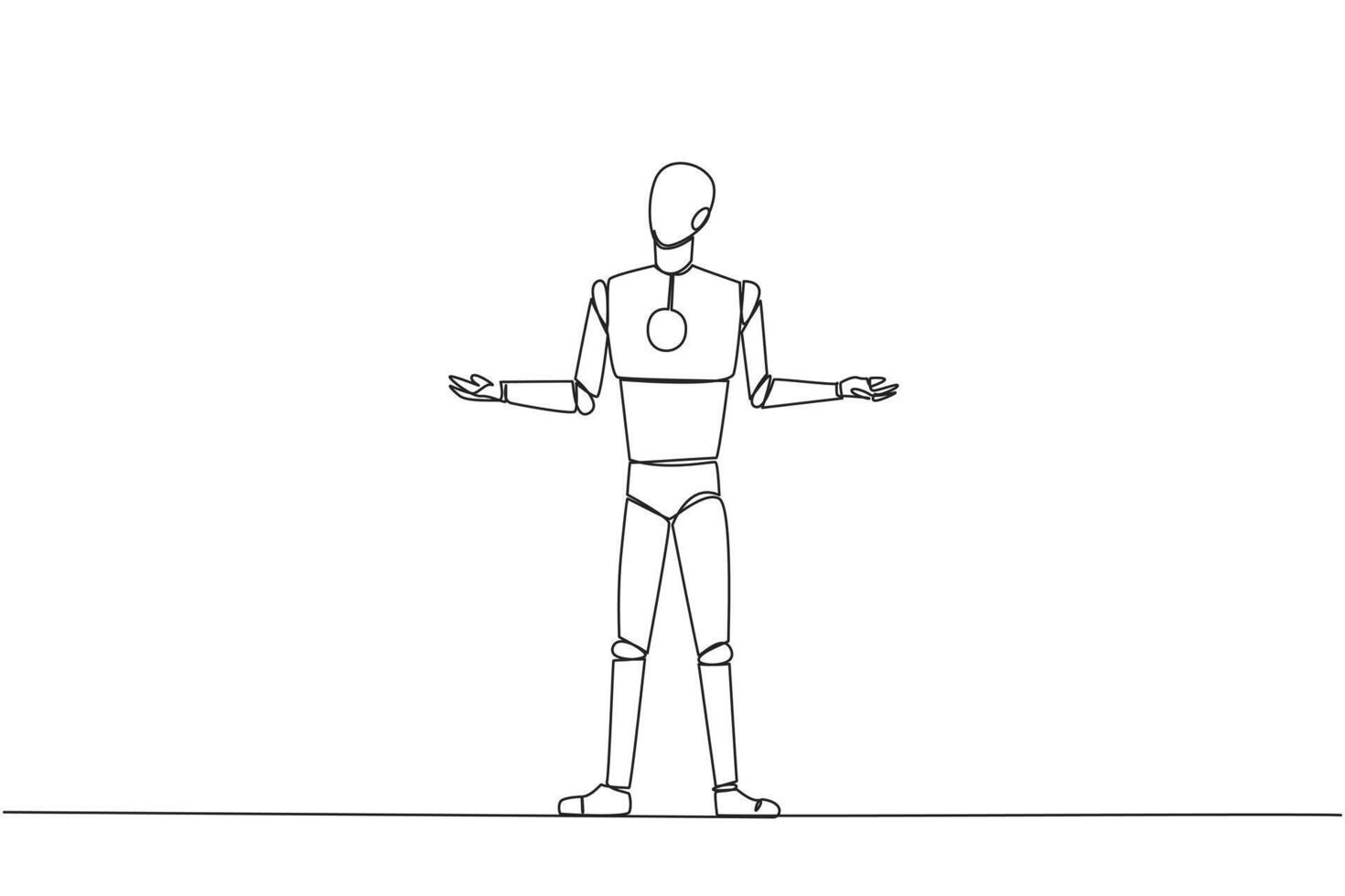 contínuo 1 linha desenhando inteligente robô em pé em linha reta com aberto braços. solitário e tristeza robô lamentando pouco desenvolvido negócios. infeliz gerente. ai tech. solteiro linha desenhar Projeto vetor ilustração