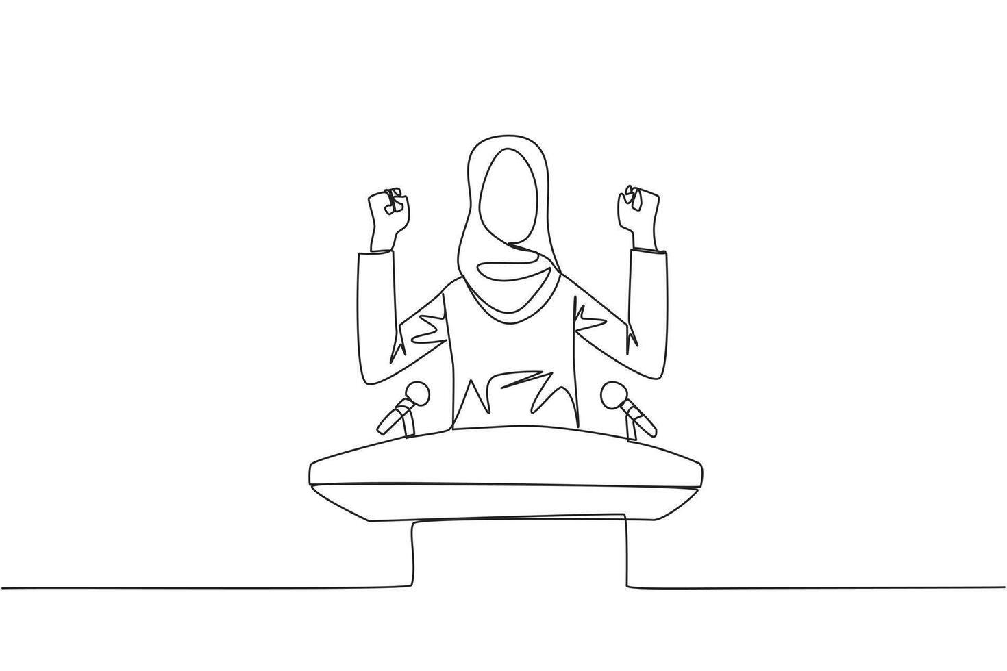 solteiro 1 linha desenhando jovem árabe empresária Falando às a pódio enquanto levantando e aperto ambos mãos. estilizado gostar uma político procurando votos. contínuo linha Projeto gráfico ilustração vetor