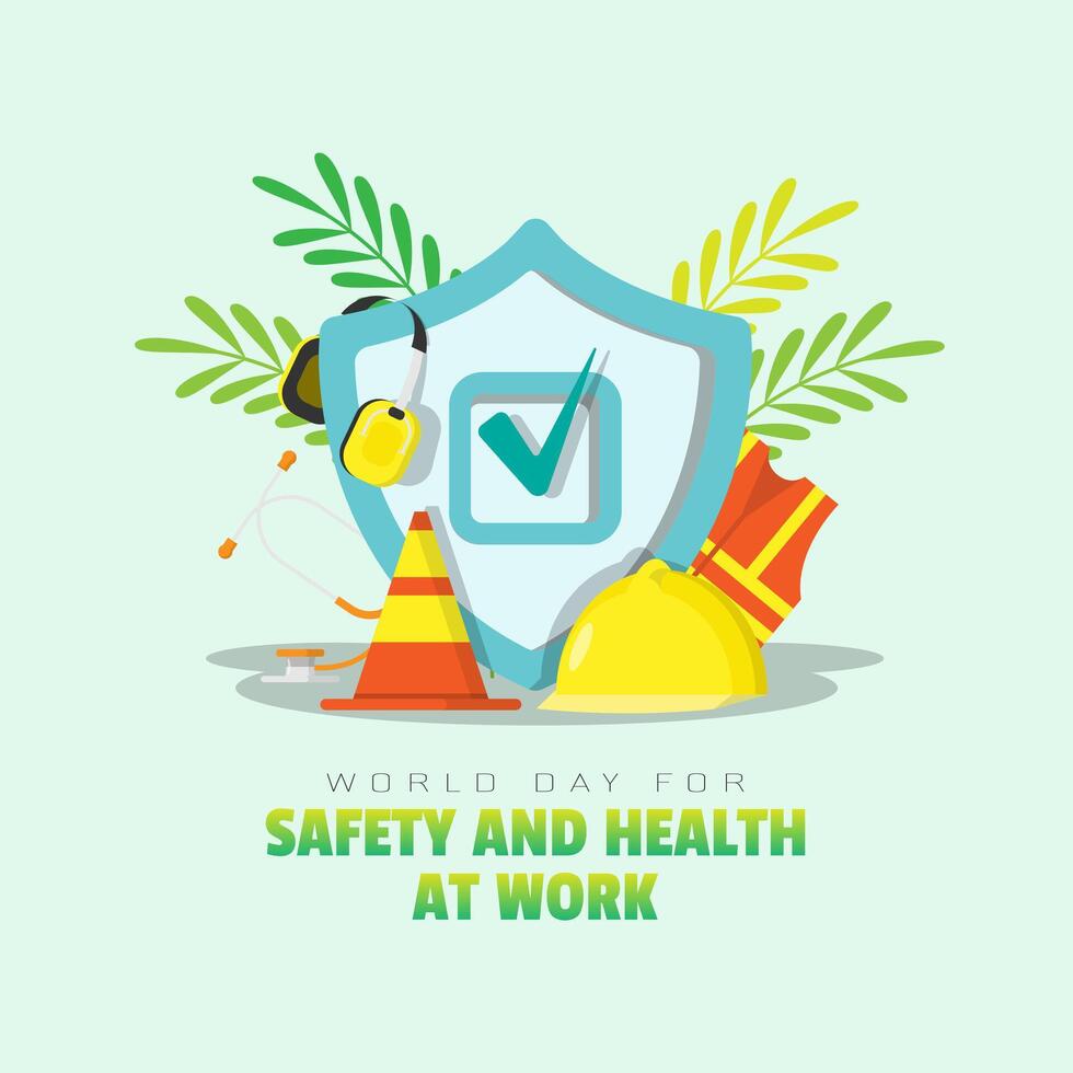 mundo dia para segurança e saúde às trabalhos poster com vários tipos do segurança equipamento vetor